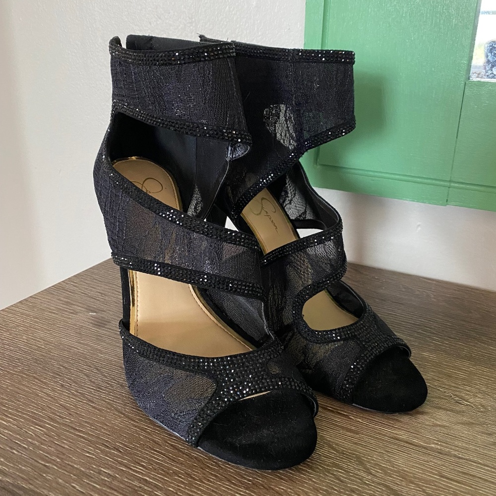 JESSICA SIMPSON BLACK LACE & SUEDE SPARKLY STILETTO ZIP-UP OPEN TOE BOOTY SHOES